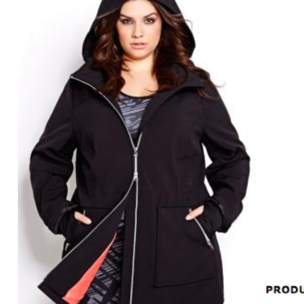 COAT, BLACK, SIZE 4X, HOOD, 2 WAY ZIP, SOFT SHELL, WAIST ELASTIC DRAWSTRING,